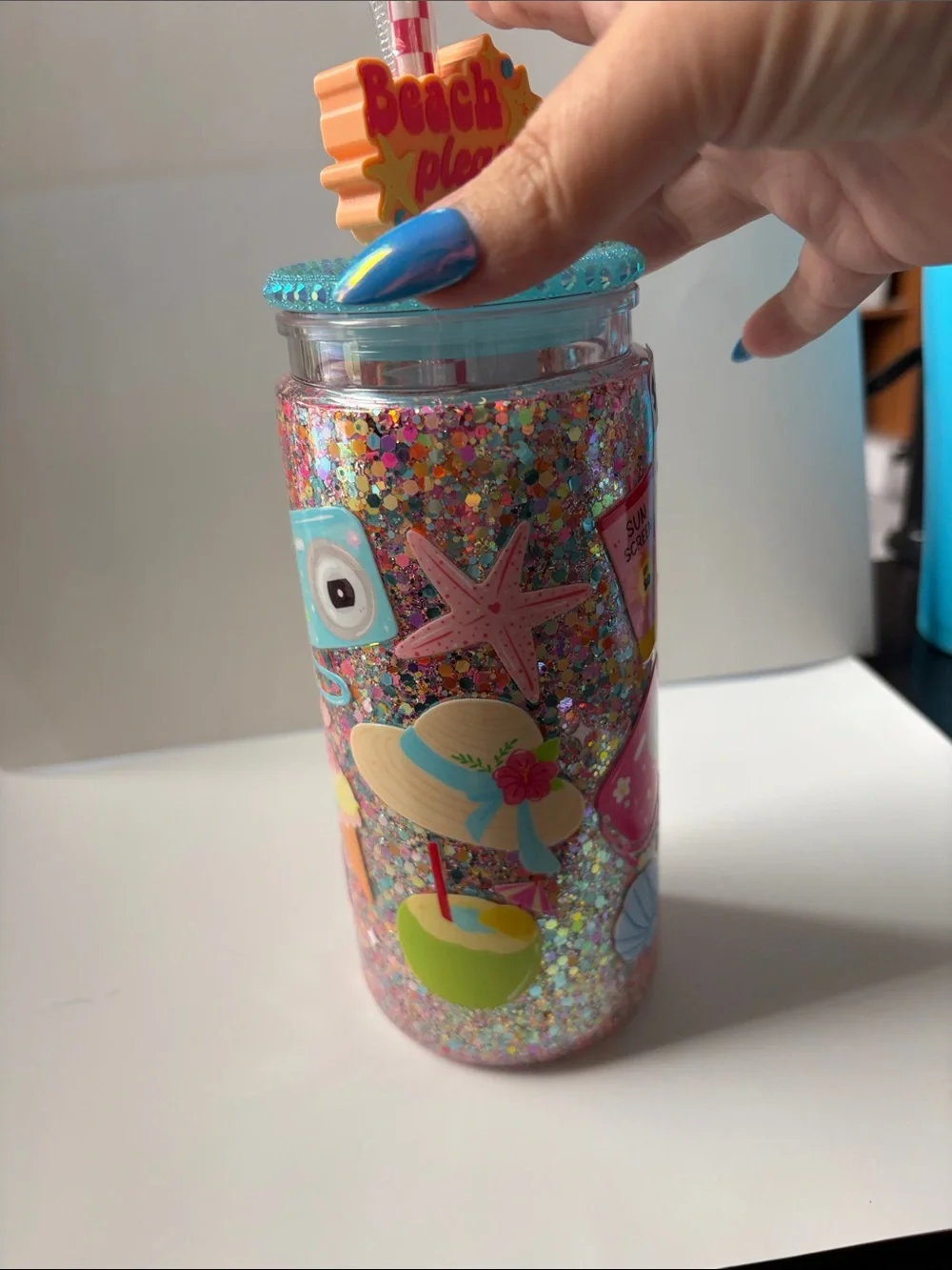 Beach Please 20 oz Dry Glitter Tumbler w/ Jeweled Lid & Topper